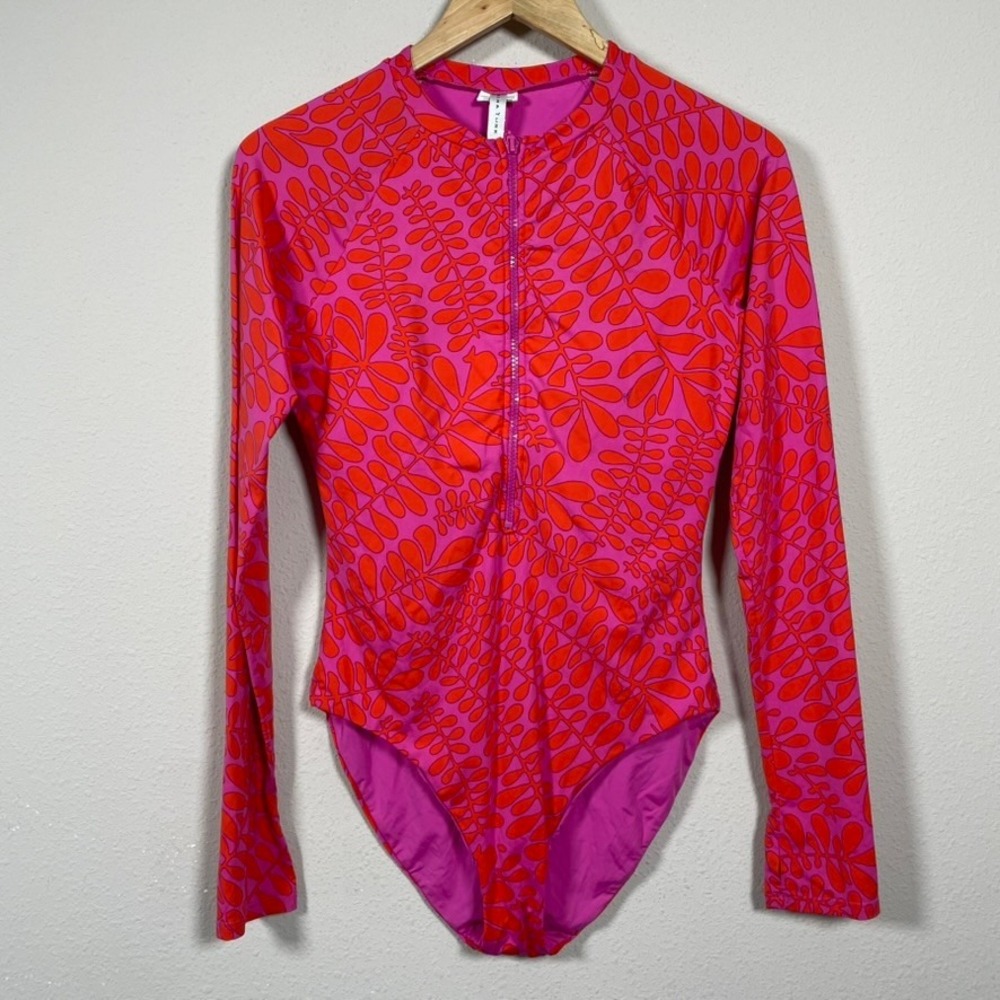 Trina Turk Rash Guard UPF 50 One Piece Swimsuit Women L Pink Orange Leaf Print